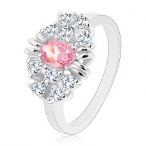 Šperky eshop - Prsteň s lesklými hladkými ramenami, brúsený ružový ovál, číre zirkóniky V16.19 - Veľkosť: 54 mm