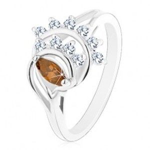 Šperky eshop - Prsteň s lesklými rozdelenými ramenami, hnedé zrnko, oblúky z čírych zirkónov R42.25 - Veľkosť: 52 mm