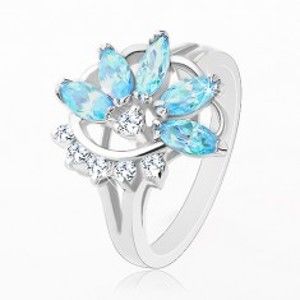 Šperky eshop - Prsteň s lesklými rozdelenými ramenami, modro-číry polovičný kvet R32.19 - Veľkosť: 48 mm