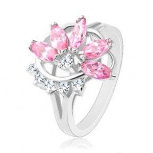 Šperky eshop - Prsteň s lesklými rozdelenými ramenami, ružovo-číry polovičný kvet R32.30 - Veľkosť: 54 mm