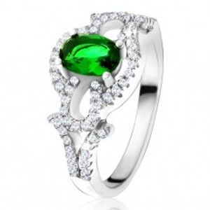 Prsteň s oválnym zeleným kameňom, číry kruh, kvapky, zo striebra 925 - Veľkosť: 52 mm