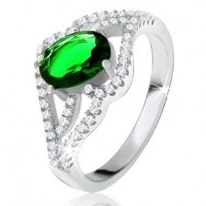 Prsteň s oválnym zeleným kameňom, zvlnené zirkónové ramená, striebro 925 - Veľkosť: 60 mm