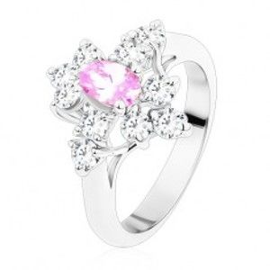 Šperky eshop - Prsteň s oválnym zirkónom vo svetlofialovej farbe, zúžené ramená, číre zirkóny S14.01 - Veľkosť: 54 mm