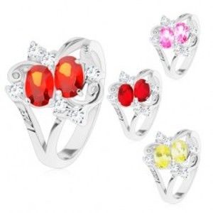 Šperky eshop - Prsteň s rozdelenými ramenami, dva farebné ovály, číre zirkóniky M09.23 - Veľkosť: 51 mm, Farba: Červená