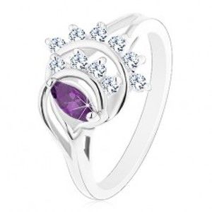 Šperky eshop - Prsteň s rozdelenými ramenami, fialové zrnko, oblúky z čírych zirkónov R44.12 - Veľkosť: 57 mm