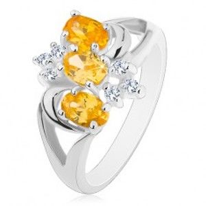 Šperky eshop - Prsteň s rozdelenými ramenami, žlté zirkónové ovály, číre zirkóny R48.4 - Veľkosť: 59 mm