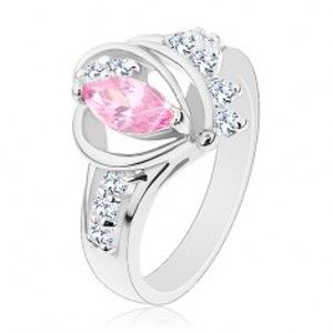 Šperky eshop - Prsteň s rozdelenými zirkónovými ramenami, veľké ružové zrnko, oblúčiky R30.31 - Veľkosť: 57 mm
