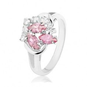 Šperky eshop - Prsteň s rozdvojenými ramenami, číre zirkóniky, zrnká ružovej farby R34.24 - Veľkosť: 59 mm