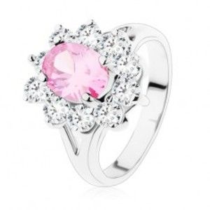 Šperky eshop - Prsteň s rozdvojenými ramenami, ružový zirkónový ovál, číre lemovanie V06.15 - Veľkosť: 52 mm
