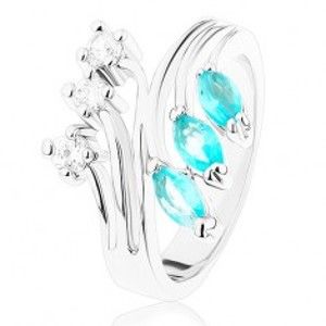 Šperky eshop - Prsteň s rozvetvenými ramenami, zirkóny čírej a akvamarínovej farby R39.2 - Veľkosť: 49 mm