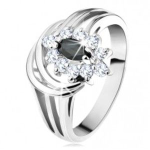 Šperky eshop - Prsteň so strieborným odtieňom, čierne zirkónové zrnko, dva lesklé oblúky G10.17 - Veľkosť: 59 mm