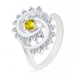 Šperky eshop - Prsteň so strieborným odtieňom, zelenožltý okrúhly zirkón v ligotavej špirále G16.26 - Veľkosť: 51 mm