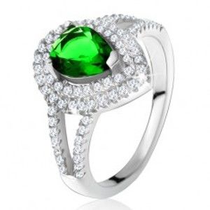 Prsteň so zeleným slzičkovým kameňom, dvojitý číry lem, striebro 925 - Veľkosť: 60 mm