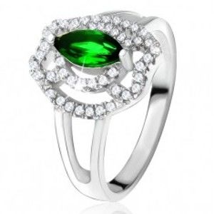 Prsteň so zeleným zrniečkovým kameňom, zirkónové oblúky, striebro 925 - Veľkosť: 58 mm