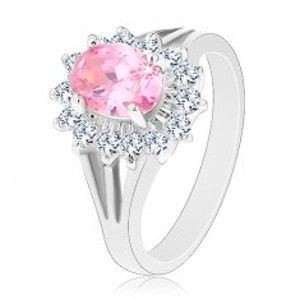 Šperky eshop - Prsteň so zirkónovým kvetom v ružovej a čírej farbe, rozdelené ramená V02.19 - Veľkosť: 53 mm