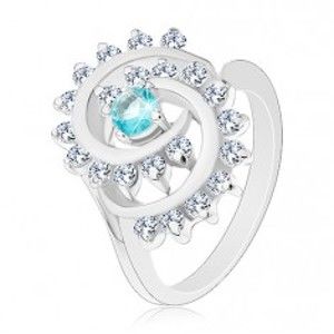 Šperky eshop - Prsteň so zúženými ramenami, okrúhly zirkón vo svetlomodrej farbe, špirála G13.05 - Veľkosť: 52 mm