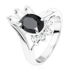 Šperky eshop - Prsteň striebornej farby, čierny oválny zirkón, okrúhle a obdĺžnikové zirkóniky S14.28 - Veľkosť: 48 mm