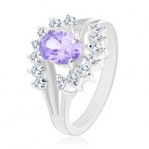 Šperky eshop - Prsteň striebornej farby, číre oblúky, svetlofialový zirkónový ovál G01.10 - Veľkosť: 55 mm