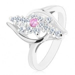 Šperky eshop - Prsteň striebornej farby, číre zirkónové línie, ružový zirkónik v strede R43.7 - Veľkosť: 54 mm