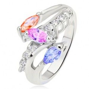 Šperky eshop - Prsteň striebornej farby, farebné zrniečkové kamienky, oblá číra línia L10.03 - Veľkosť: 53 mm