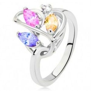 Šperky eshop - Prsteň striebornej farby, línia srdca, farebné zirkóny, číry kamienok L14.05 - Veľkosť: 51 mm