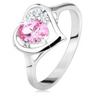 Šperky eshop - Prsteň striebornej farby, obrys srdiečka s ružovým oválom a čírymi zirkónikmi G09.04 - Veľkosť: 52 mm