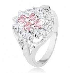 Šperky eshop - Prsteň striebornej farby, oválny zirkónový kvet, lesklé rozdelené ramená R31.19 - Veľkosť: 53 mm