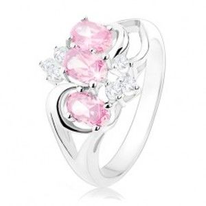 Šperky eshop - Prsteň striebornej farby, rozdelené ramená, ružové ovály, číre zirkóniky R34.9 - Veľkosť: 50 mm