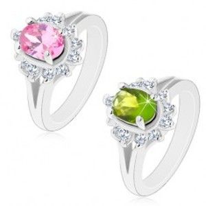 Šperky eshop - Prsteň striebornej farby, rozdelené ramená, žiarivý kvietok s oválnym stredom R42.8 - Veľkosť: 49 mm, Farba: Zelená