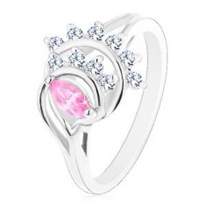 Šperky eshop - Prsteň striebornej farby, ružové zrnko, oblúky z čírych zirkónov R43.18 - Veľkosť: 60 mm