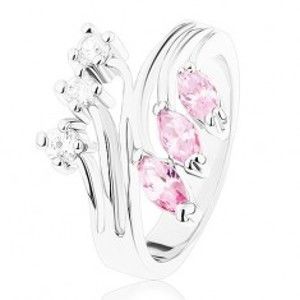 Šperky eshop - Prsteň striebornej farby s rozvetvenými ramenami, číre a ružové zirkóny R39.3 - Veľkosť: 49 mm