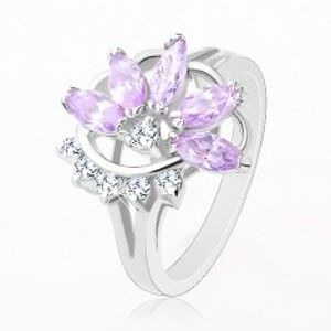Šperky eshop - Prsteň striebornej farby, svetlofialový zirkónový kvet, číre zirkóniky R32.17 - Veľkosť: 50 mm