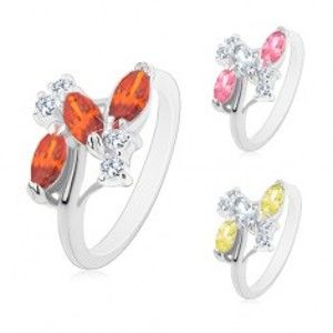 Šperky eshop - Prsteň striebornej farby, tri farebné brúsené zrnká, číre zirkóniky M07.13 - Veľkosť: 55 mm, Farba: Oranžová