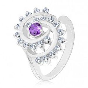 Šperky eshop - Prsteň striebornej farby, veľká špriála z čírych zirkónikov s fialovým stredom G15.15 - Veľkosť: 51 mm