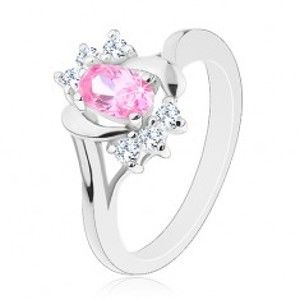 Šperky eshop - Prsteň striebornej farby, veľký ružový ovál, hladké a zirkónové oblúky G06.07 - Veľkosť: 60 mm