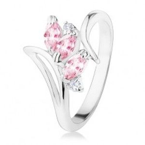 Šperky eshop - Prsteň striebornej farby, zahnuté ramená, ružové a číre zirkóny R34.21 - Veľkosť: 58 mm