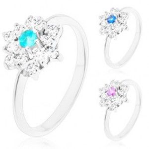 Šperky eshop - Prsteň striebornej farby, žiarivý zirkónový kvet s farebným stredom V11.16 - Veľkosť: 58 mm, Farba: Modrá svetlá