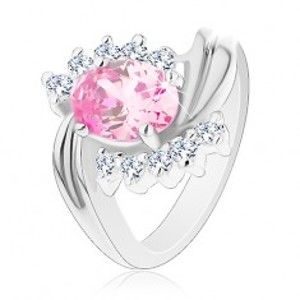 Šperky eshop - Prsteň striebornej farby, zvlnené línie ramien, ružový brúsený ovál, číre zirkóniky G14.13 - Veľkosť: 49 mm