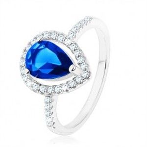 Prsteň, striebro 925, úzke ramená, zirkónová slza modrej farby - Veľkosť: 52 mm