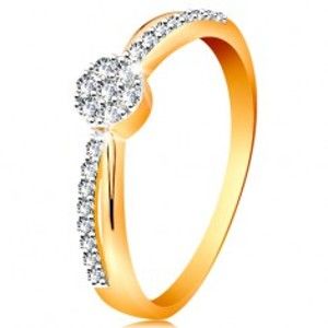 Šperky eshop - Prsteň v 14K zlate - prekrížené dvojfarebné línie ramien, okrúhly zirkónový kvietok GG193.15/21 - Veľkosť: 60 mm