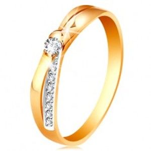 Šperky eshop - Prsteň v 14K zlate - rozdvojené prekrížené línie ramien, okrúhle číre zirkóny GG192.01/07 - Veľkosť: 48 mm