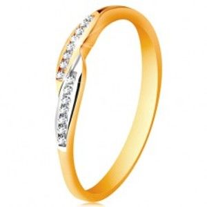 Šperky eshop - Prsteň v 14K zlate, rozšírené dvojfarebné konce ramien so vsadenými zirkónmi GG189.58/64 - Veľkosť: 49 mm