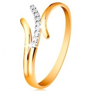 Šperky eshop - Prsteň v 14K zlate, zvlnené dvojfarebné línie ramien, vsadené číre zirkóniky GG191.09/16 - Veľkosť: 52 mm