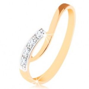 Šperky eshop - Prsteň v 9K zlate - nepravidelne zahnuté konce ramien, číre zirkóny GG56.02/31/34 - Veľkosť: 49 mm