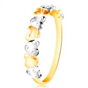 Šperky eshop - Prsteň v kombinovanom zlate 585 - dvojfarebné srdiečka, číre zirkóny GG214.44/50 - Veľkosť: 49 mm