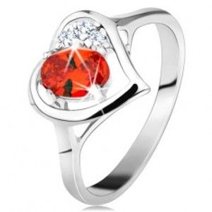 Šperky eshop - Prsteň v striebornej farbe, kontúra srdca s oranžovým oválom a čírymi zirkónmi G08.13 - Veľkosť: 54 mm