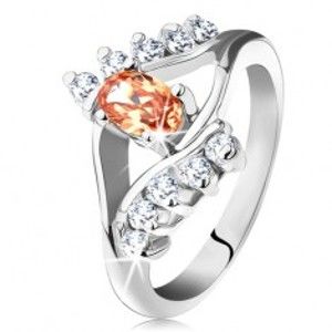 Šperky eshop - Prsteň v striebornej farbe s rozdelenými ramenami, oranžový ovál, číre línie zirkónov G10.04 - Veľkosť: 57 mm