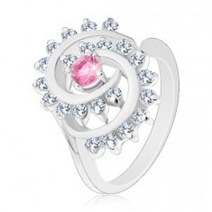 Šperky eshop - Prsteň v striebornej farbe, špirála s čírym lemom, ružový okrúhly zirkón V04.03 - Veľkosť: 50 mm