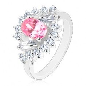 Šperky eshop - Prsteň v striebornom odtieni, brúsený ovál ružovej farby, číre zirkónové oblúky V16.02 - Veľkosť: 51 mm