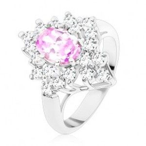 Šperky eshop - Prsteň v striebornom odtieni, fialovo-číry kvet, ligotavé zirkóny s brúseným povrchom S14.07 - Veľkosť: 49 mm